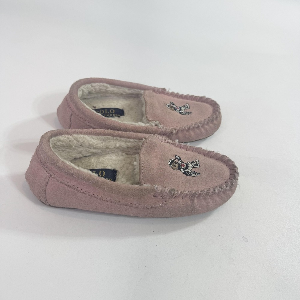 Polo Ralph Lauren Slippers Girls 11 Pink Suede Moccasin Polo Bear Cozy Lined